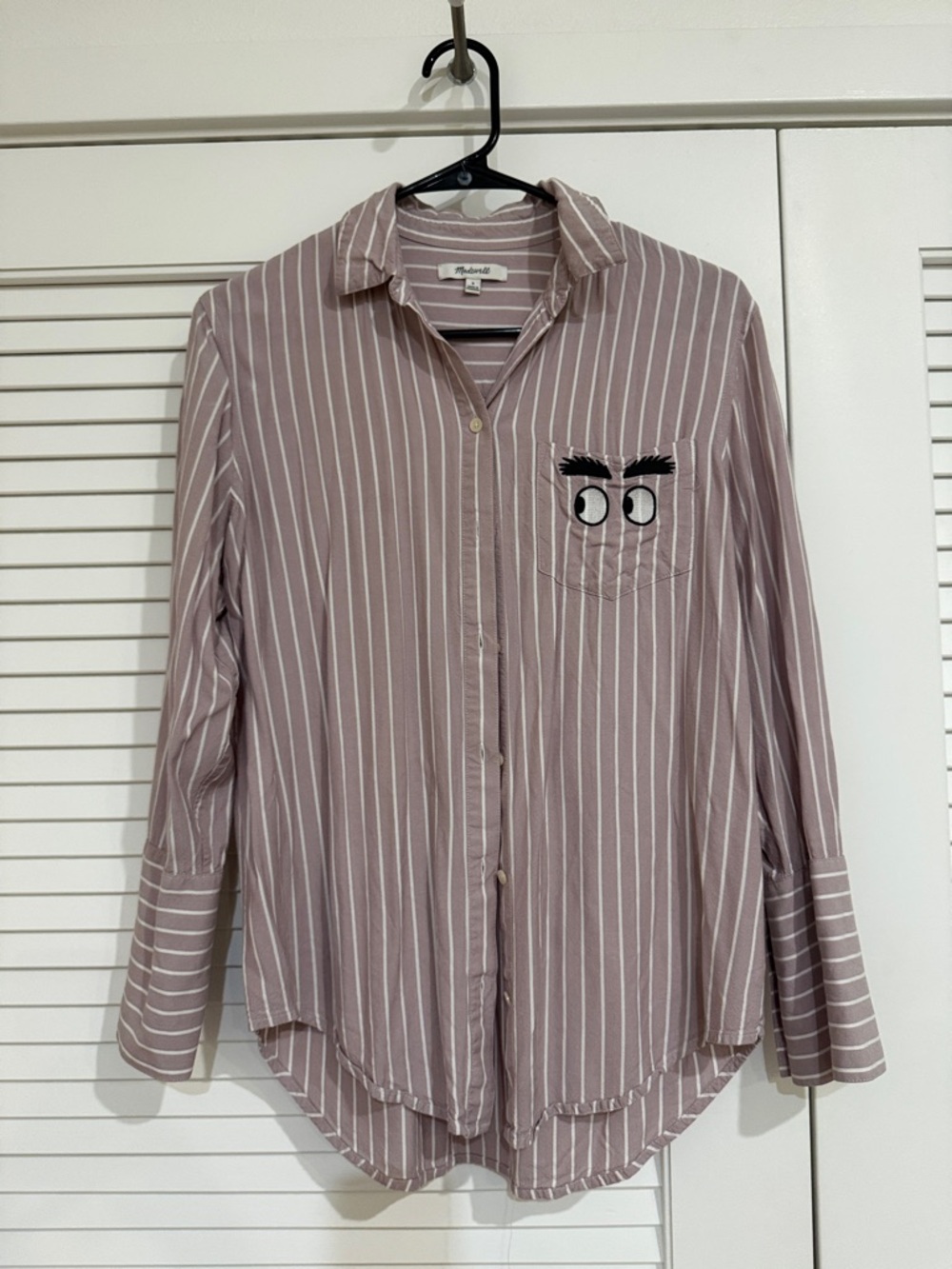 Mauve and White Striped Button-Down Shirt with Embroidered Pocket Eyes